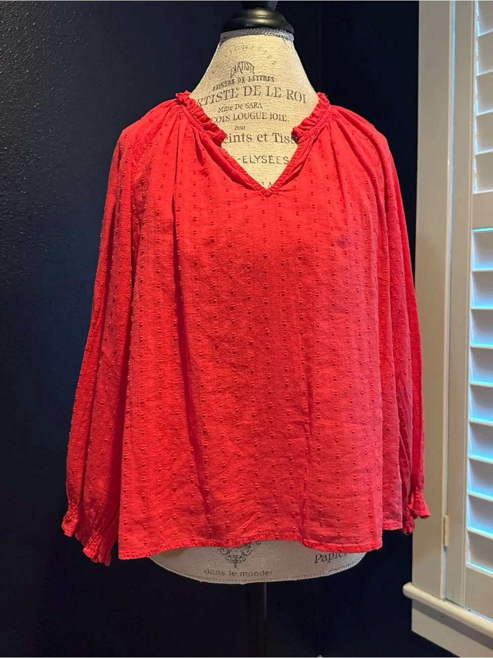 J. Crew Coral-Red V-Neck Peasant Blouse